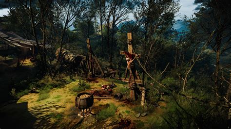 There is a body on a wooden pallet. . Witcher 3 cannibal camp